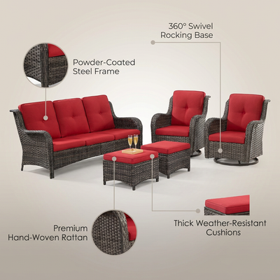 5-Piece Wicker Outdoor Patio Seating Set Sectional Sofa with Swivel Rocking Chair, Ottomans and Red Cushions