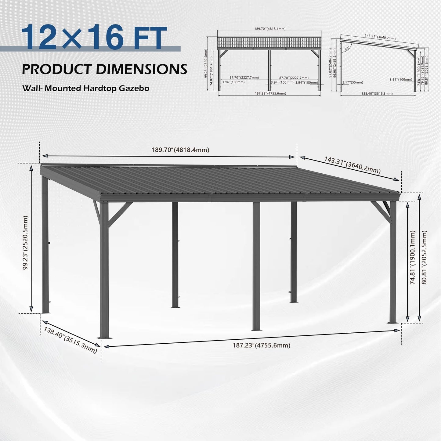 12'x16' Hardtop Lean-To Gazebo with Gutters