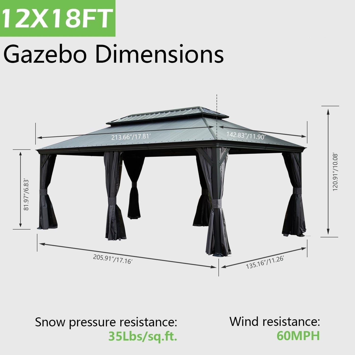 12'x18' Hardtop Gazebo with Resin Roof, Curtains, and Mosquito Netting