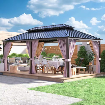 12 Ft. X 20 Ft. Brown Extra-Large Hardtop Patio Gazebo with Double Roof, with Breathable Netting and Privacy Sidewalls