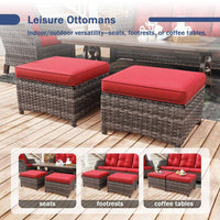 5-Piece Wicker Outdoor Patio Seating Set Sectional Sofa with Swivel Rocking Chair, Ottomans and Red Cushions