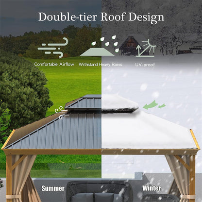 10'x12' Hardtop Gazebo with Wooden Coated Aluminum Frame and Double Steel Roof