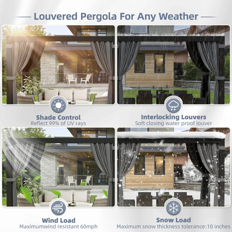Aluminum Pergola with Adjustable Louvered Roof Waterproof Curtains and Nets