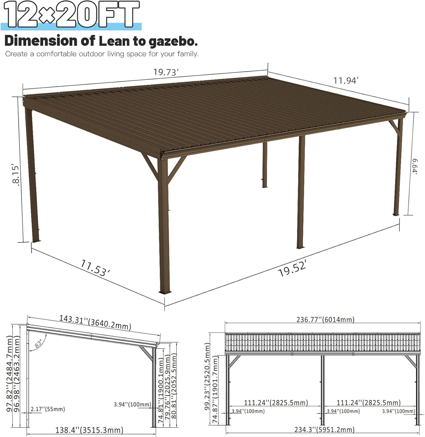 12x20FT Lean To Gazebo with Steel Roof