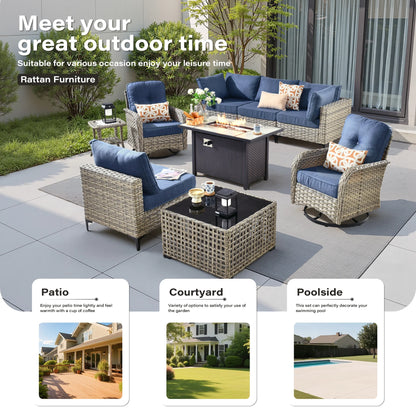 9 Pieces Patio Furniture Set All Weather Wicker Outdoor Conversation Set with 42" Fire Pit outside Furniture Patio Sofa with Swivel Chairs & Solar Table, Denim Blue