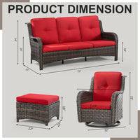 5-Piece Wicker Outdoor Patio Seating Set Sectional Sofa with Swivel Rocking Chair, Ottomans and Red Cushions