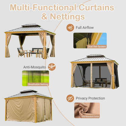 10' x 14' Hardtop Gazebo with Galvanized Steel Double Roof and Wood Grain Frame