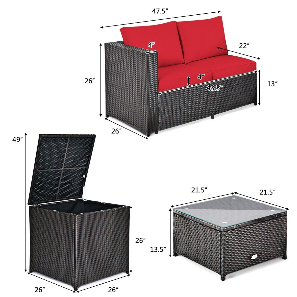 4 Pieces Outdoor Patio Rattan Furniture Set with