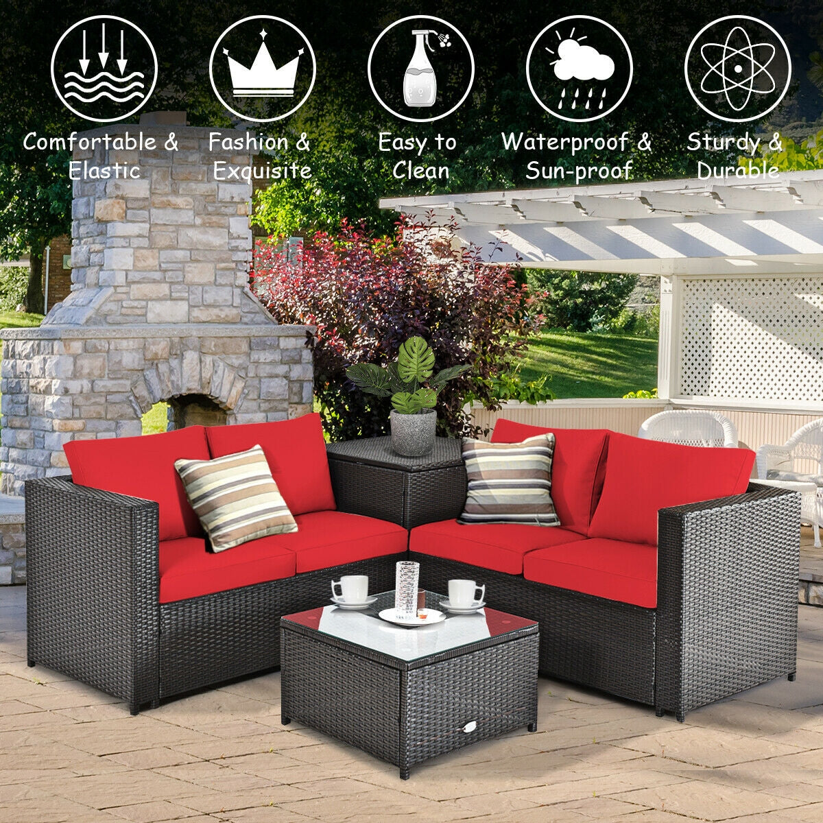 4 Pieces Outdoor Patio Rattan Furniture Set with