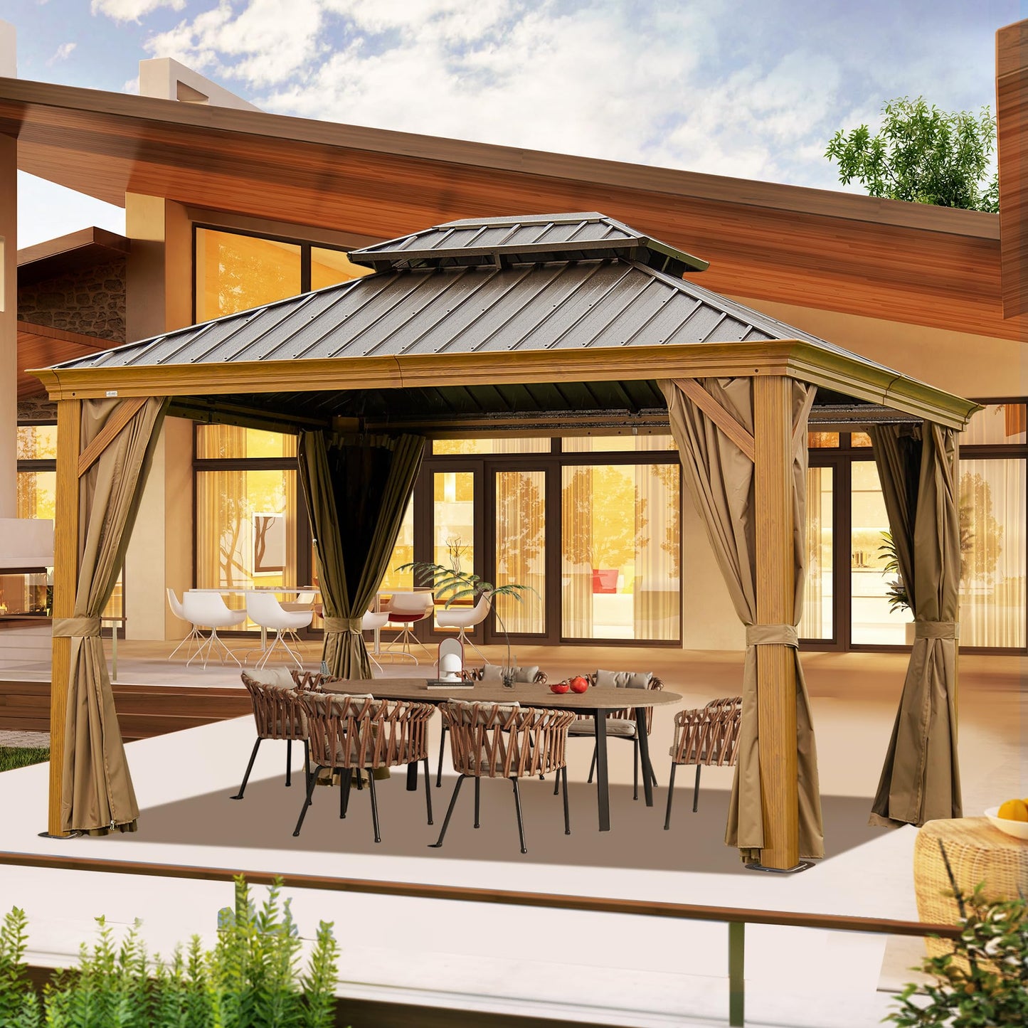 10' x 14' Hardtop Gazebo with Galvanized Steel Double Roof and Wood Grain Frame