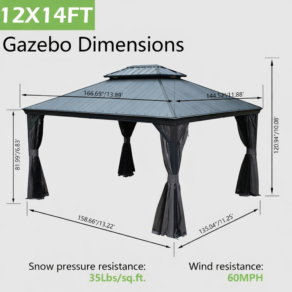 12'x14' Hardtop Gazebo with Resin Roof and Drainage Gutters