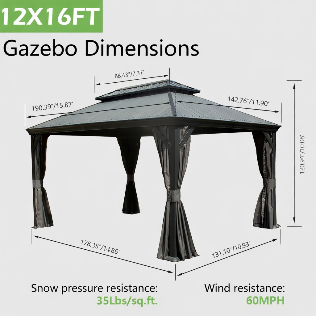 12'x16' Hardtop Gazebo with Resin Roof and Drainage Gutters
