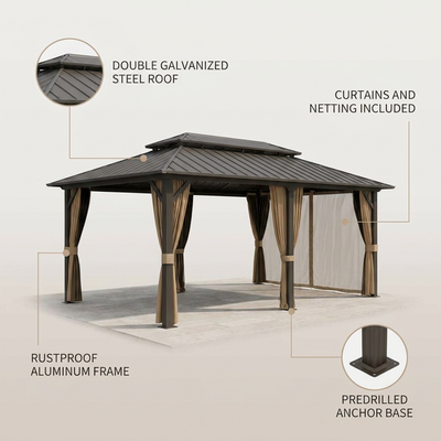 12 Ft. X 20 Ft. Double Galvanized Steel Roof Aluminum Frame Outdoor Patio Hardtop Gazebo with Netting and Curtains