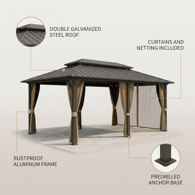 12 Ft. X 20 Ft. Double Galvanized Steel Roof Aluminum Frame Outdoor Patio Hardtop Gazebo with Netting and Curtains — Lifestyle