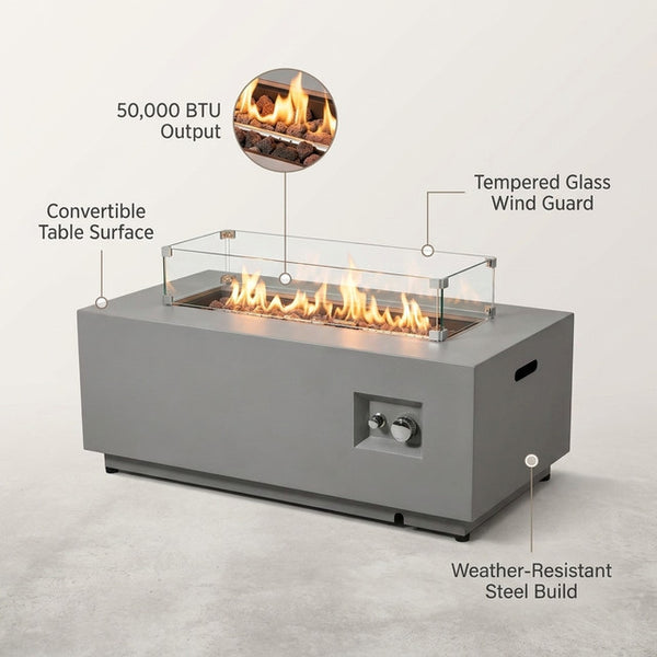 50000 BTU Rectangular Steel Fire Pit 42" Propane Gas Fire Pit Table Gray 2-Pieces for outside with Glass Wind Guard — Lifestyle