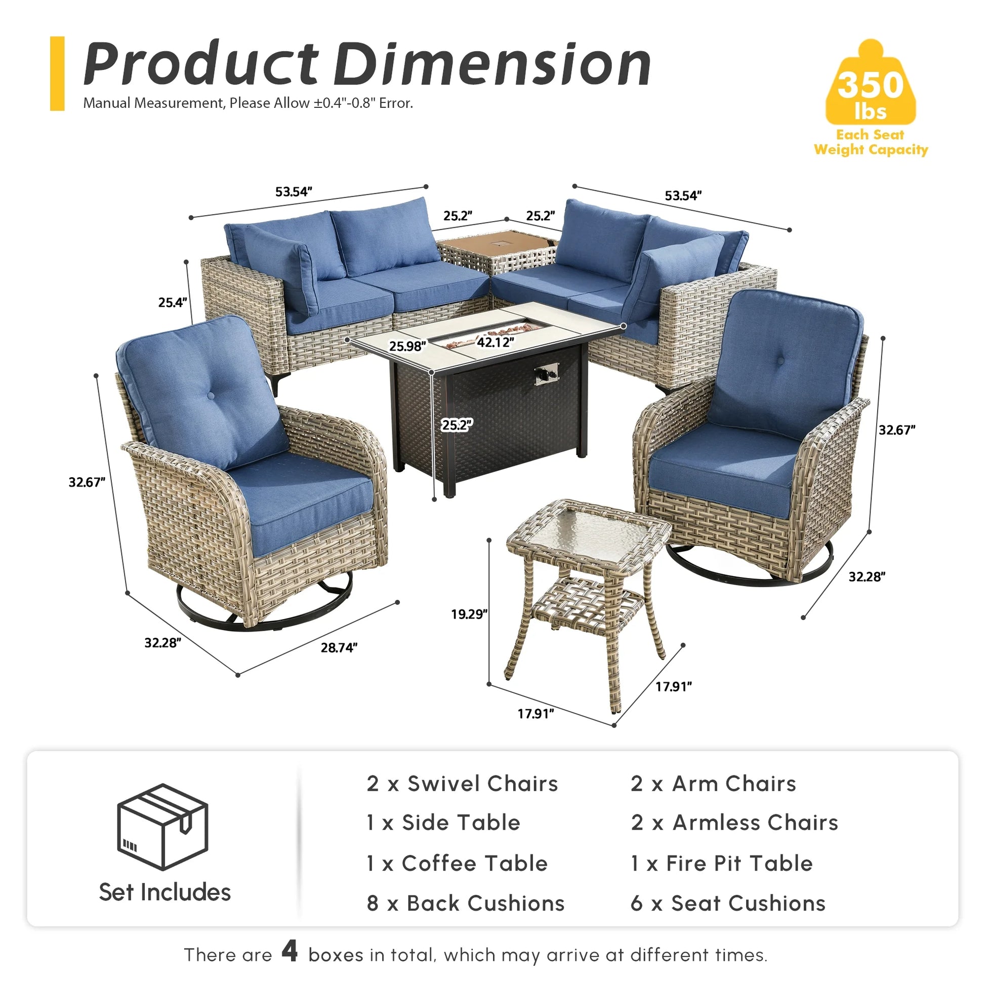 9 Pieces Patio Furniture Set All Weather Wicker Outdoor Conversation Set with 42" Fire Pit outside Furniture Patio Sofa with Swivel Chairs & Solar Table, Denim Blue