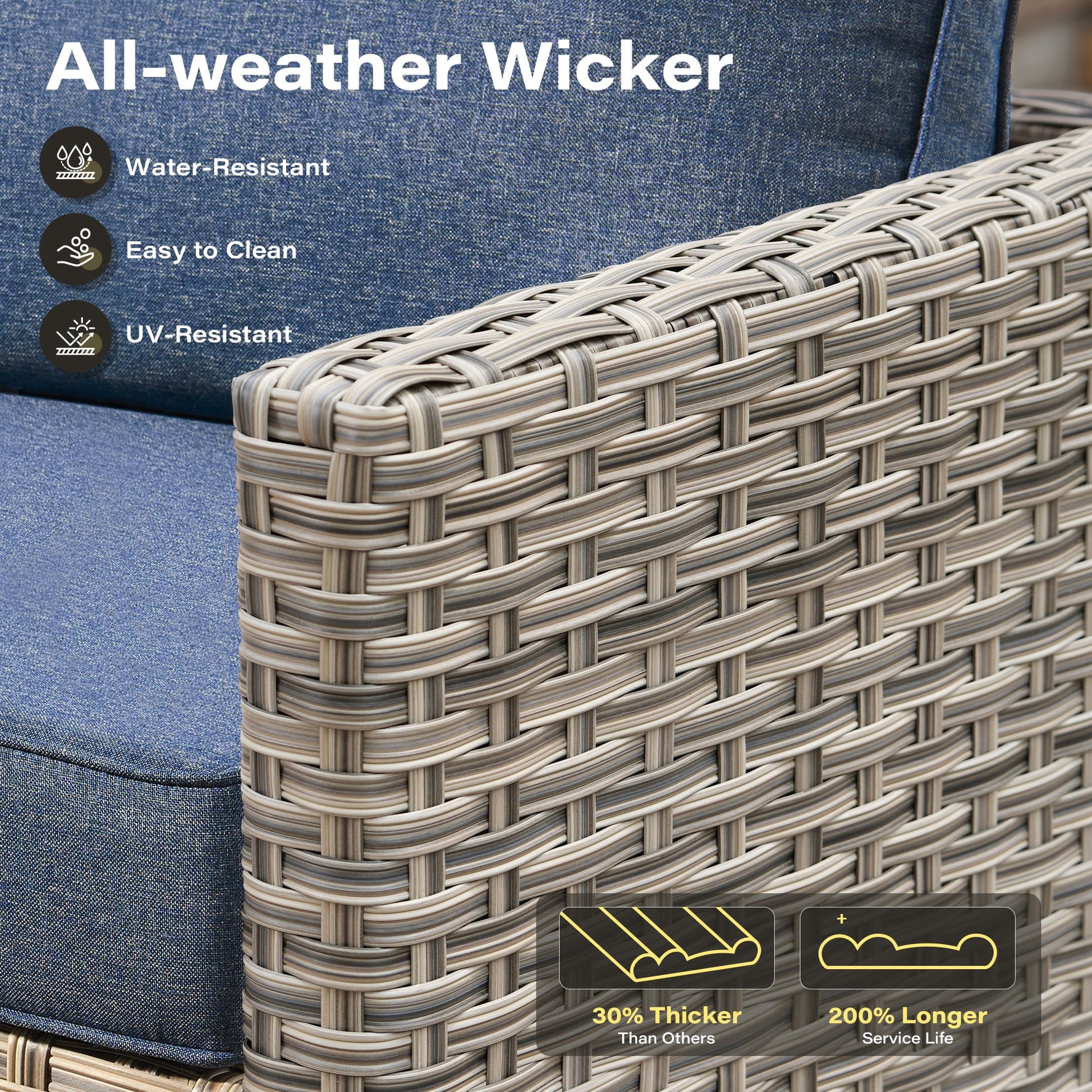 9 Pieces Patio Furniture Set All Weather Wicker Outdoor Conversation Set with 42" Fire Pit outside Furniture Patio Sofa with Swivel Chairs & Solar Table, Denim Blue