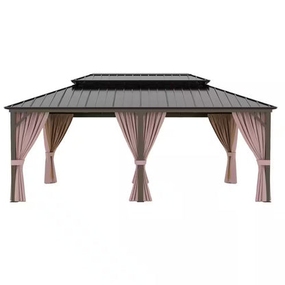 12 Ft. X 20 Ft. Brown Extra-Large Hardtop Patio Gazebo with Double Roof, with Breathable Netting and Privacy Sidewalls