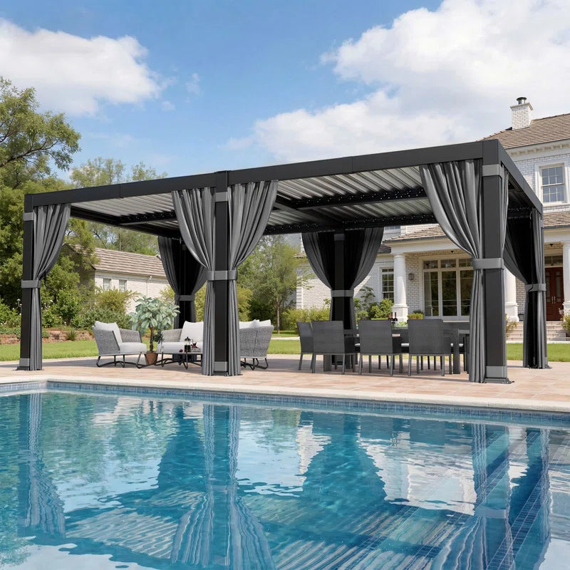 Aluminum Pergola with Adjustable Louvered Roof Waterproof Curtains and Nets