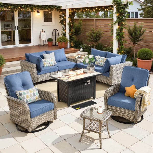9 Pieces Patio Furniture Set All Weather Wicker Outdoor Conversation Set with 42" Fire Pit outside Furniture Patio Sofa with Swivel Chairs & Solar Table, Denim Blue