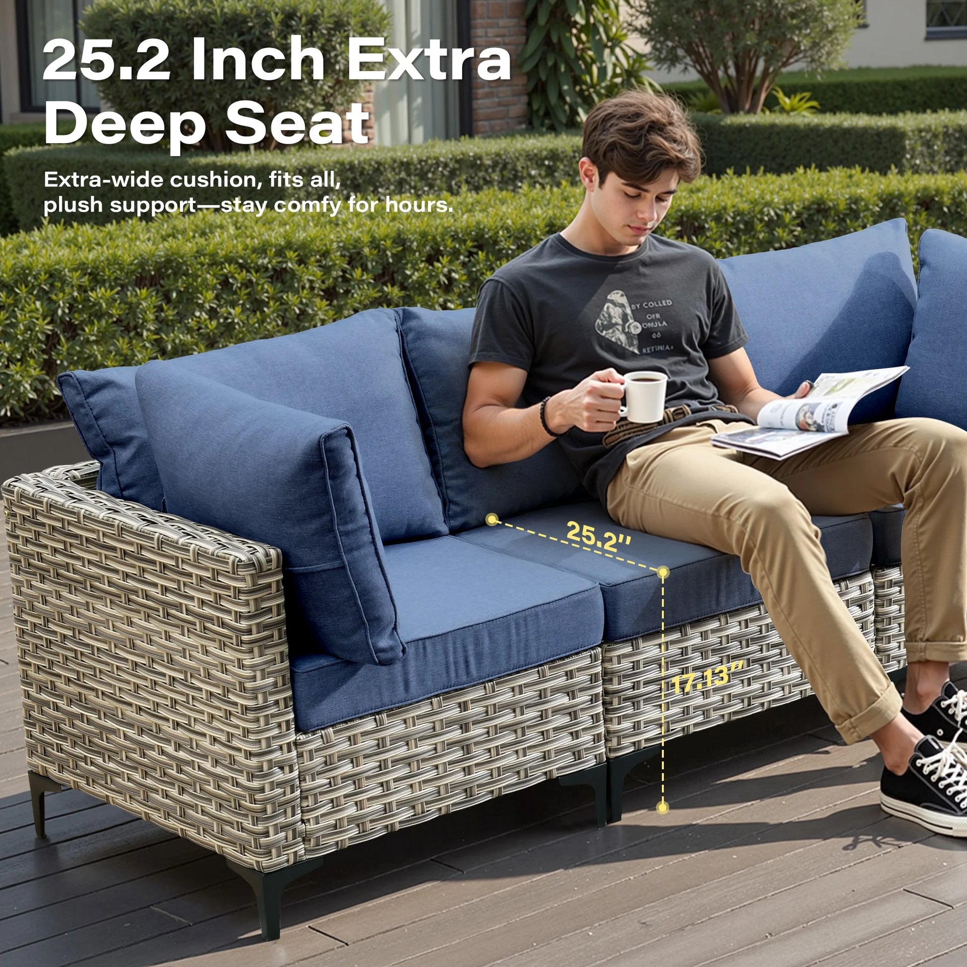 9 Pieces Patio Furniture Set All Weather Wicker Outdoor Conversation Set with 42" Fire Pit outside Furniture Patio Sofa with Swivel Chairs & Solar Table, Denim Blue