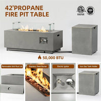 50000 BTU Rectangular Steel Fire Pit 42" Propane Gas Fire Pit Table Gray 2-Pieces for outside with Glass Wind Guard