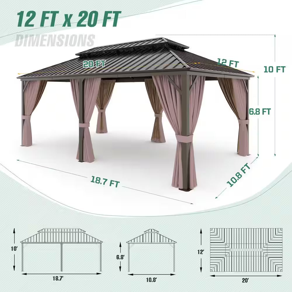 12 Ft. X 20 Ft. Brown Extra-Large Hardtop Patio Gazebo with Double Roof, with Breathable Netting and Privacy Sidewalls
