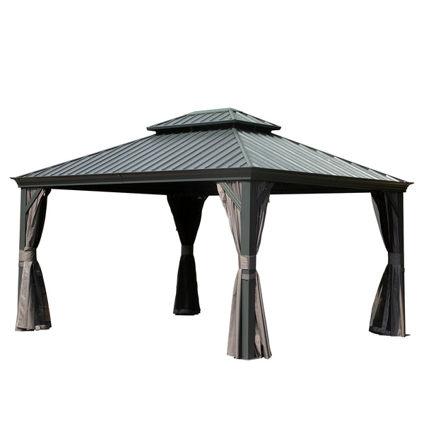 10' x 12' Hardtop Gazebo Outdoor Metal Gazebo with Galvanized Steel Double Roof Canopy, Aluminum Frame, Curtains and