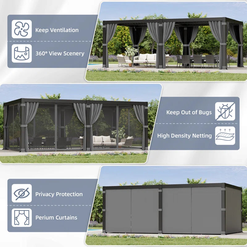 Aluminum Pergola with Adjustable Louvered Roof Waterproof Curtains and Nets