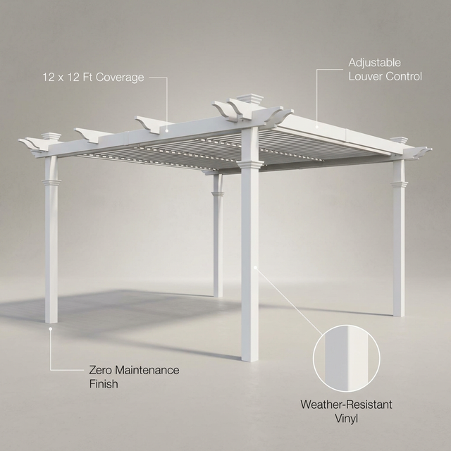 144"L X 144"W X 104"H Vinyl Camelot Louvered Pergola, White, VA42070 — Lifestyle