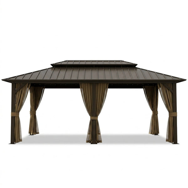 12 Ft. X 20 Ft. Double Galvanized Steel Roof Aluminum Frame Outdoor Patio Hardtop Gazebo with Netting and Curtains