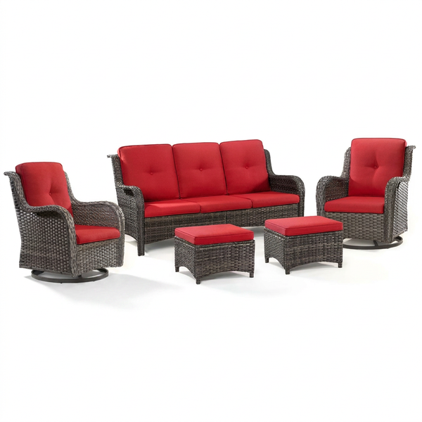 5-Piece Wicker Outdoor Patio Seating Set Sectional Sofa with Swivel Rocking Chair, Ottomans and Red Cushions
