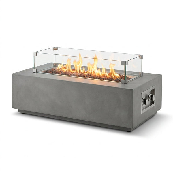 50000 BTU Rectangular Steel Fire Pit 42" Propane Gas Fire Pit Table Gray 2-Pieces for outside with Glass Wind Guard