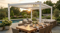 144"L X 144"W X 104"H Vinyl Camelot Louvered Pergola, White, VA42070 — Lifestyle
