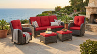 5-Piece Wicker Outdoor Patio Seating Set Sectional Sofa with Swivel Rocking Chair, Ottomans and Red Cushions — Lifestyle